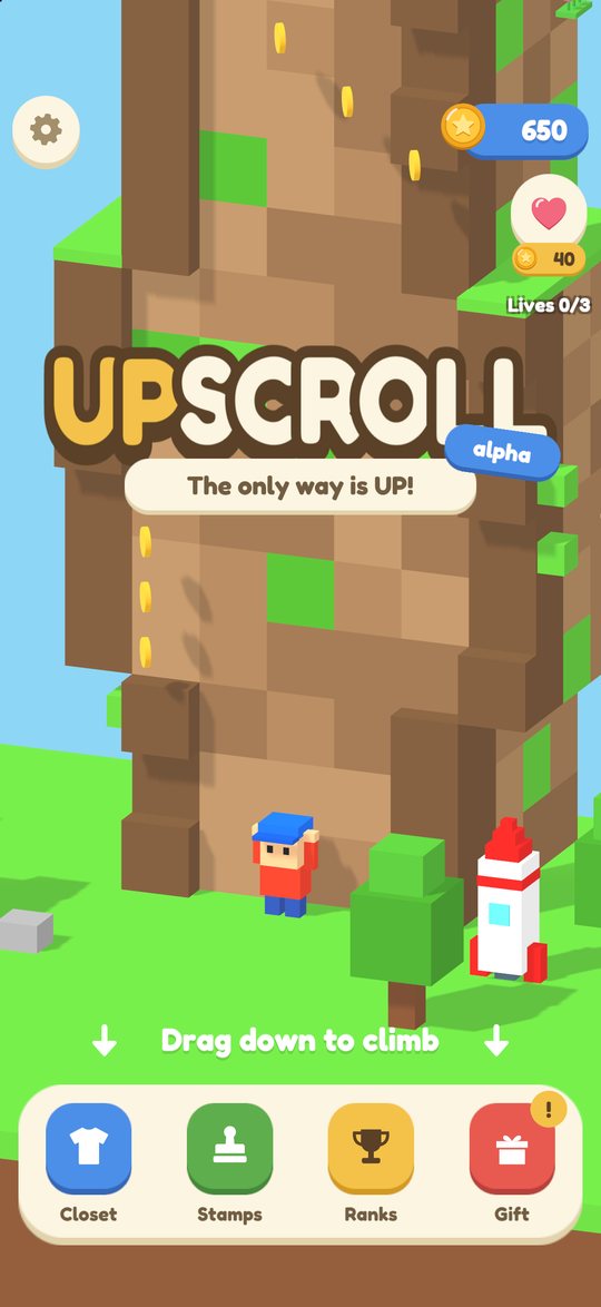The title screen: the tower rising from the meadow, with the rocket waiting at the bottom.