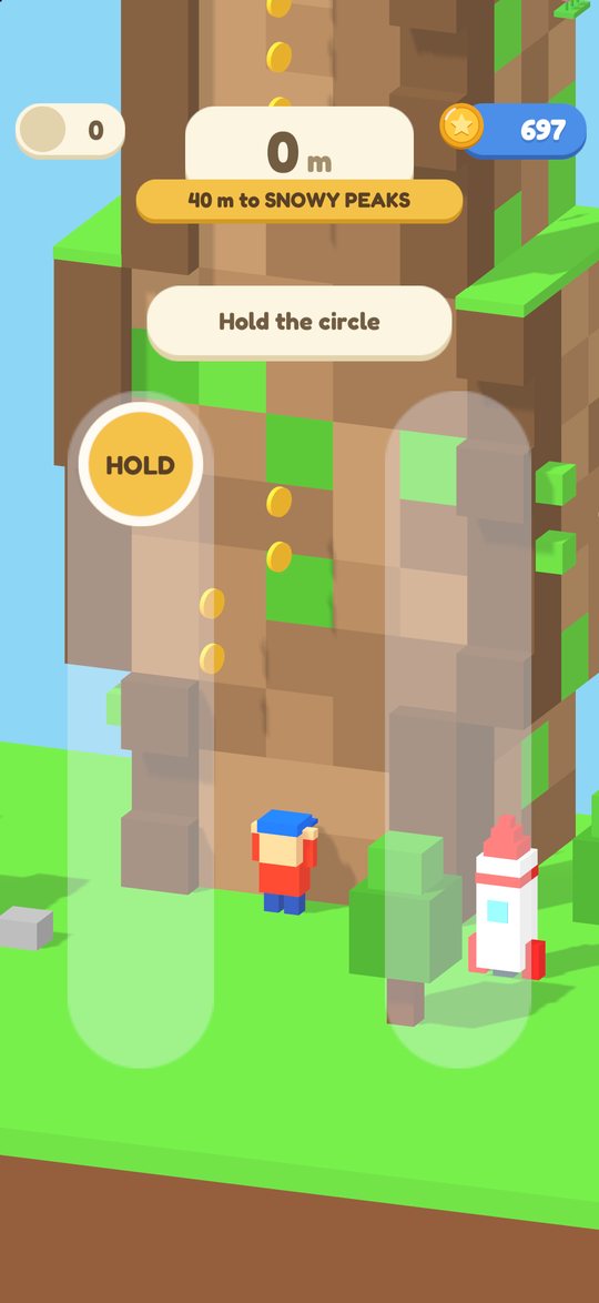 The first climb: a hand-sized HOLD circle on the wall at the bottom of the tower, with the hint 'Hold the circle'.